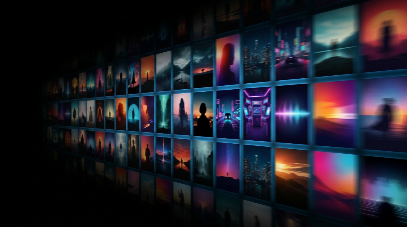 Rows of film and series artwork sliding into darkness